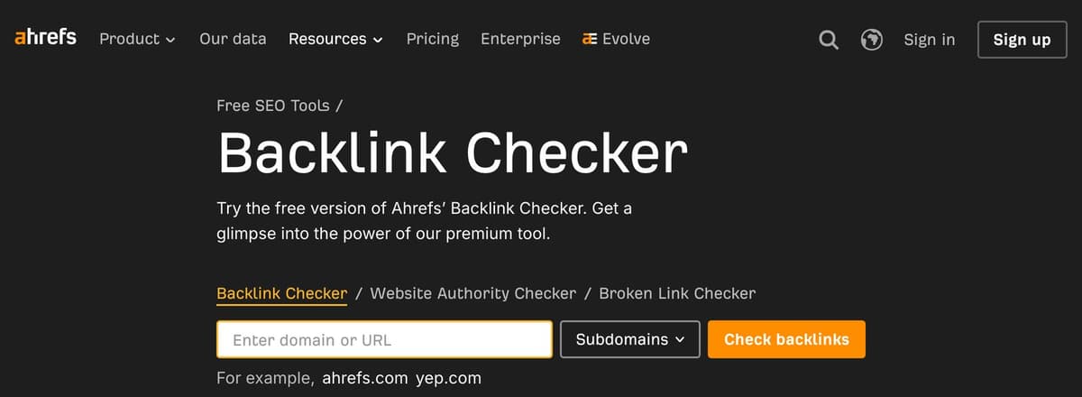 Ahrefs' free Backlink Checker page