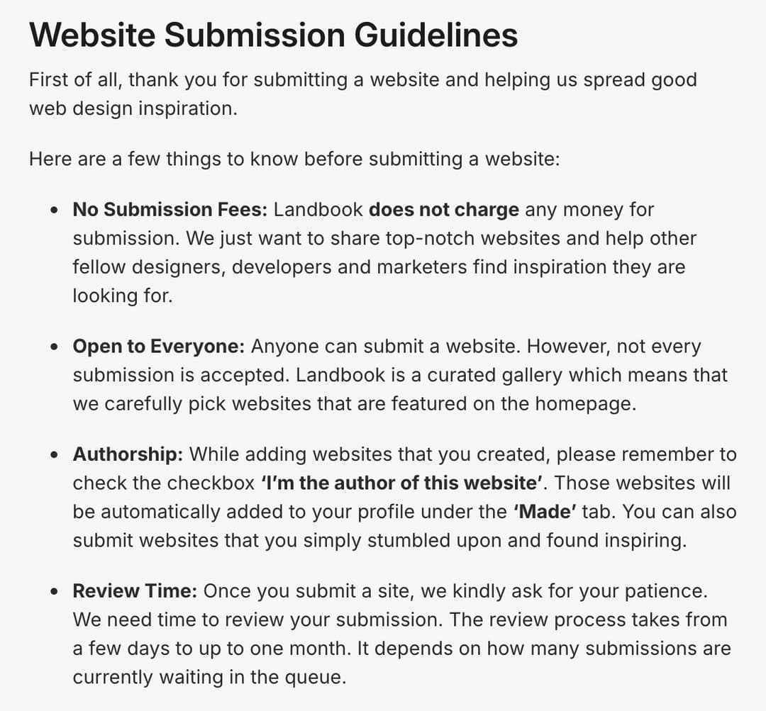 Land-book's submission guidelines, saying not every submission is accepted and review takes up to a month