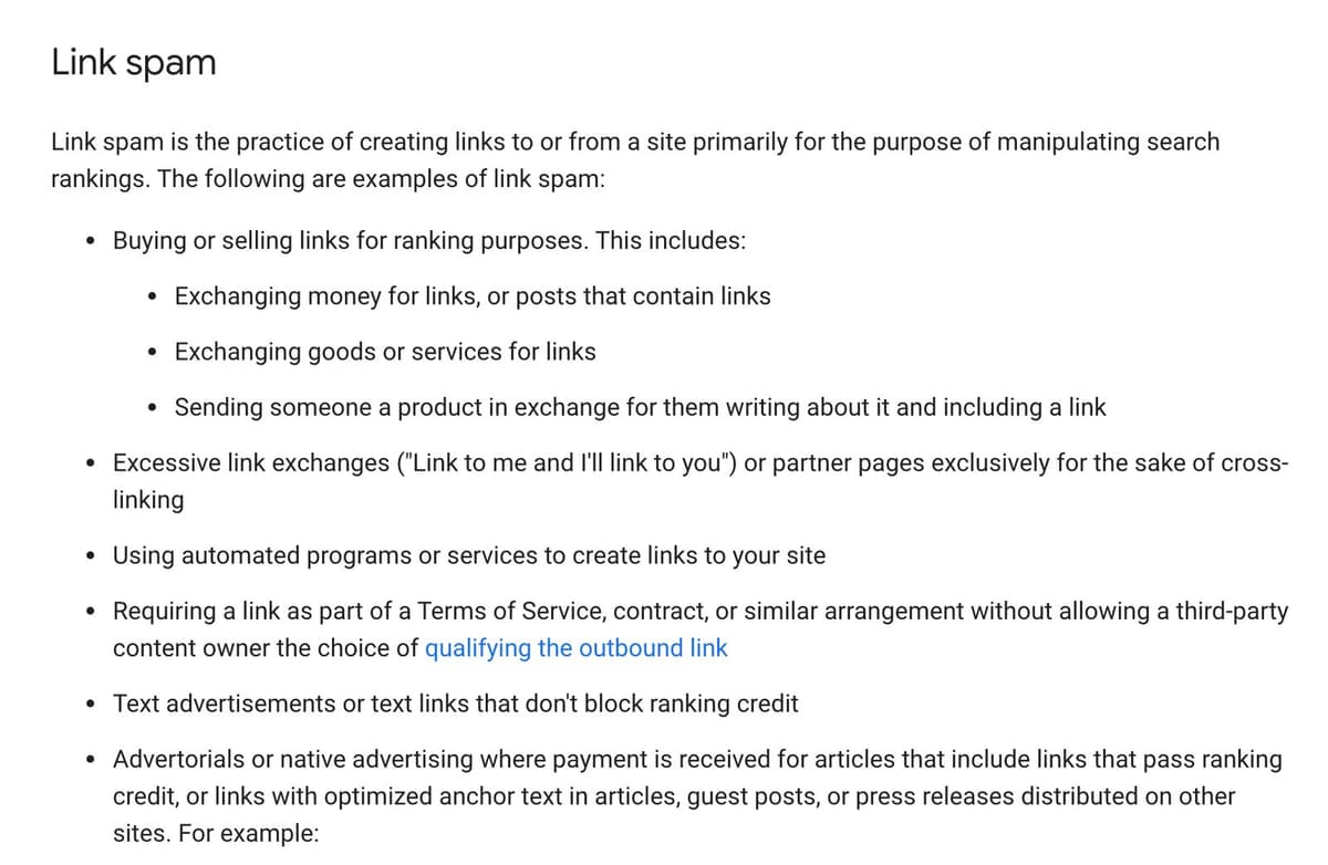 The link spam section of Google's spam policies