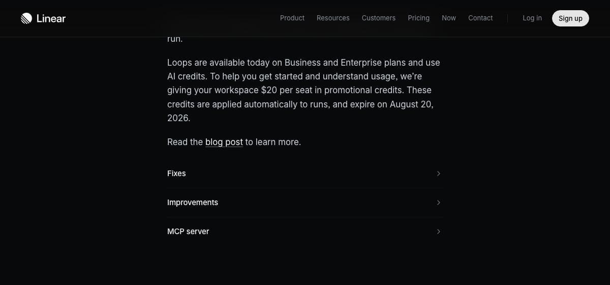 Linear's changelog entry for Loops