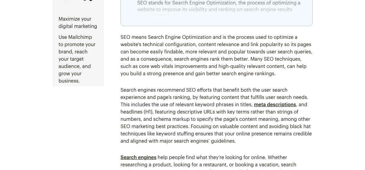 Mailchimp's glossary entry on SEO