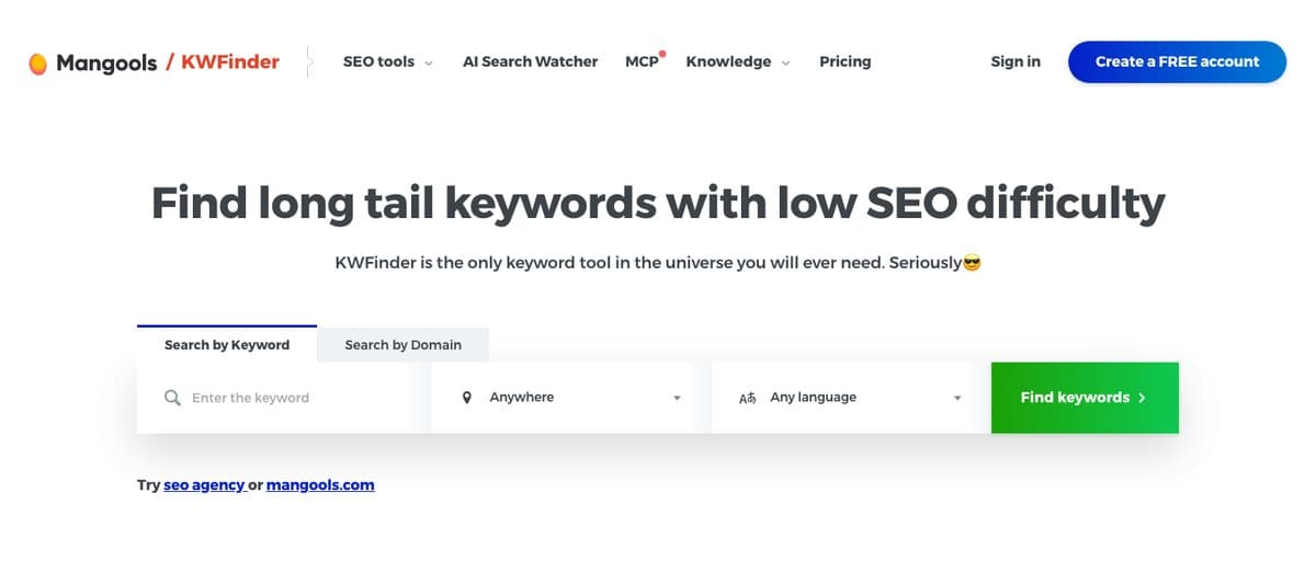 Mangools KWFinder page