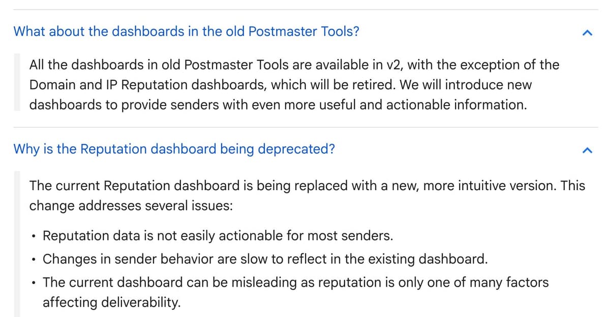 Google's help page explaining that the Domain and IP Reputation dashboards will be retired