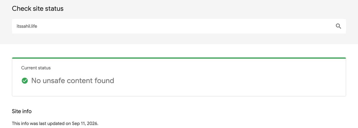 Google's Safe Browsing site status for itssahil.life: no unsafe content found