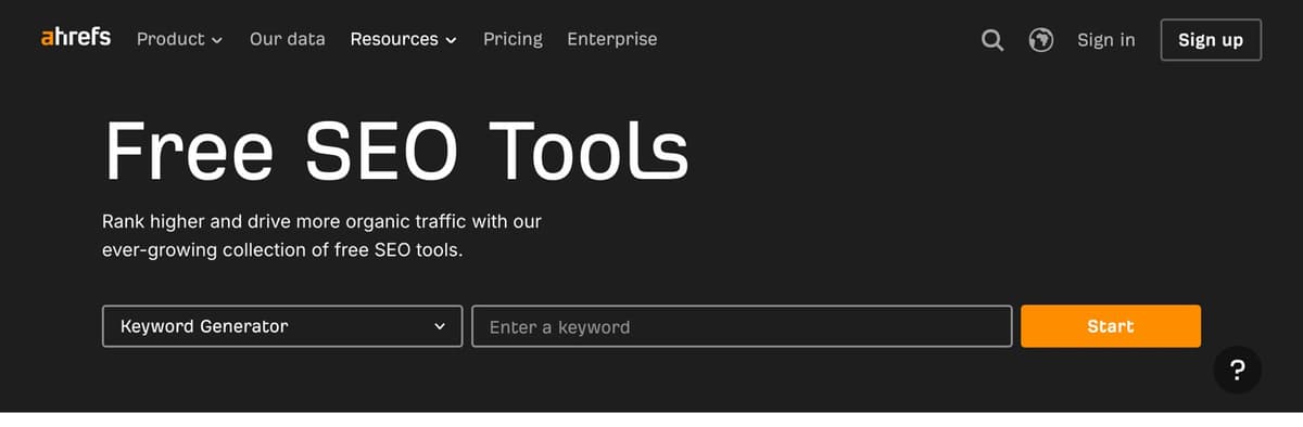 Ahrefs' free SEO tools page, with a keyword generator in the header