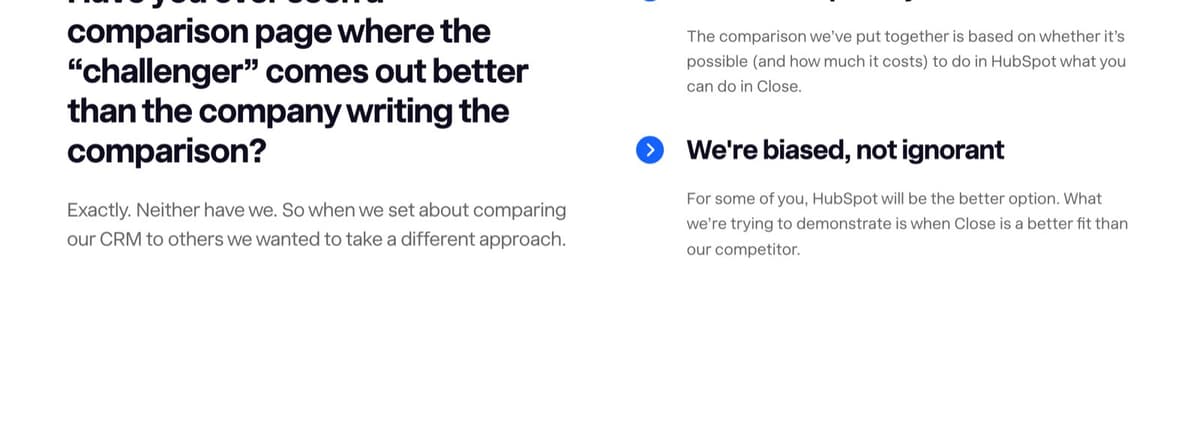 Close's comparison with HubSpot, with a section headed We're biased, not ignorant, saying HubSpot will be the better option for some readers
