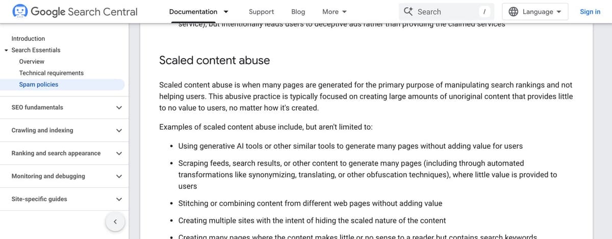 Google's spam policies page, defining scaled content abuse as many pages generated for the primary purpose of manipulating search rankings, no matter how it's created