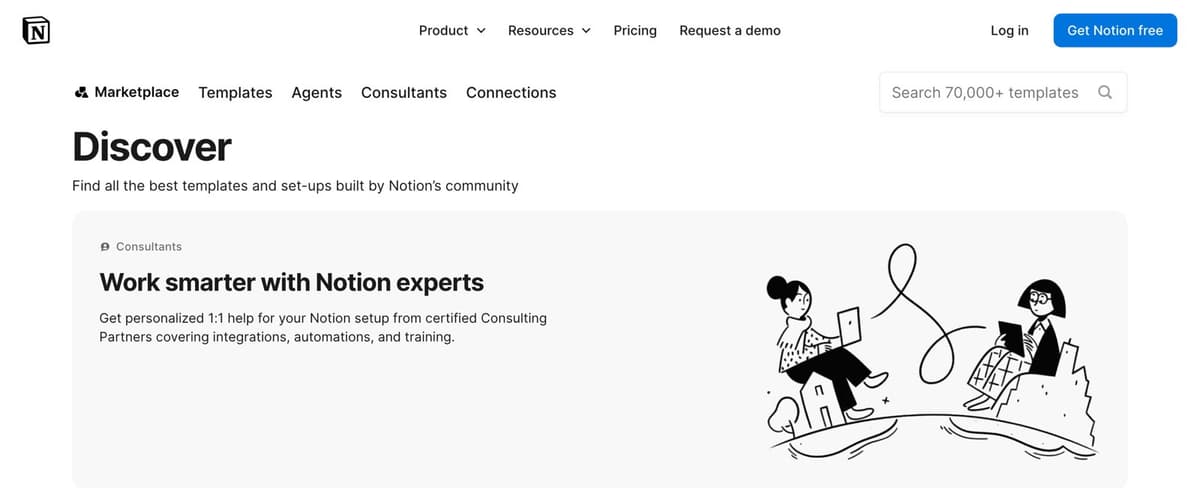 Notion's template marketplace, with a search box for 70,000+ templates