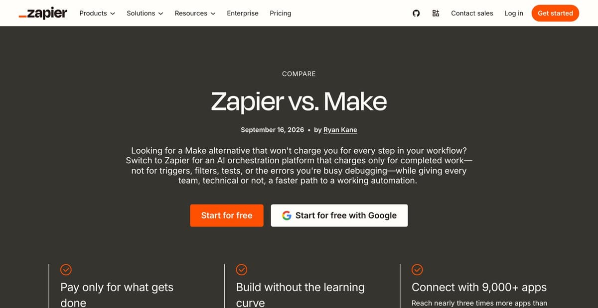 Zapier's comparison page with Make, showing a publication date of 16 September 2026, a byline, and a summary of the differences