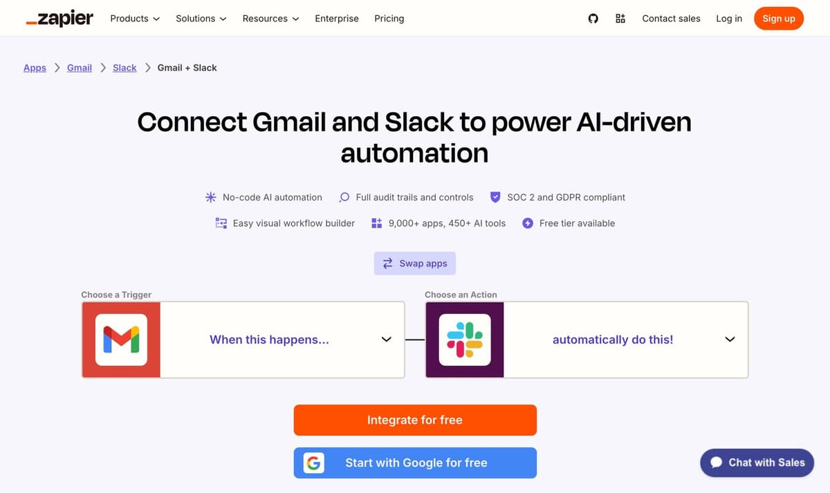 Zapier's page for connecting Gmail and Slack, with a trigger and action picker and the line 9,000+ apps