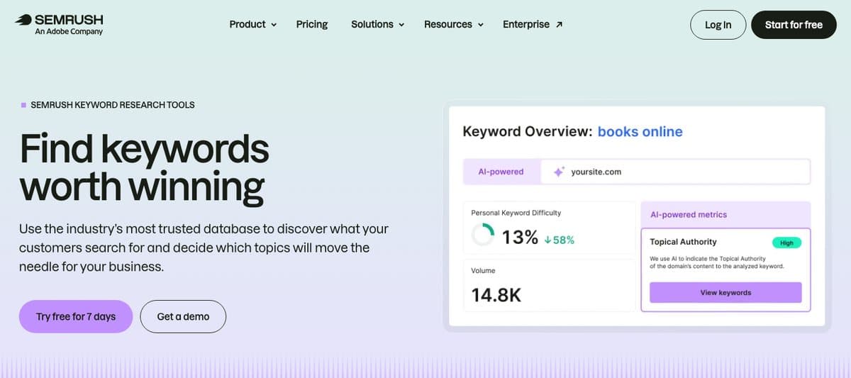 Semrush keyword research product page