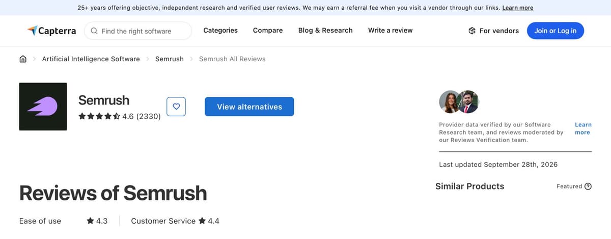 Semrush's Capterra page, showing 4.6 stars from 2,330 reviews, 4.3 for ease of use and 4.4 for customer service