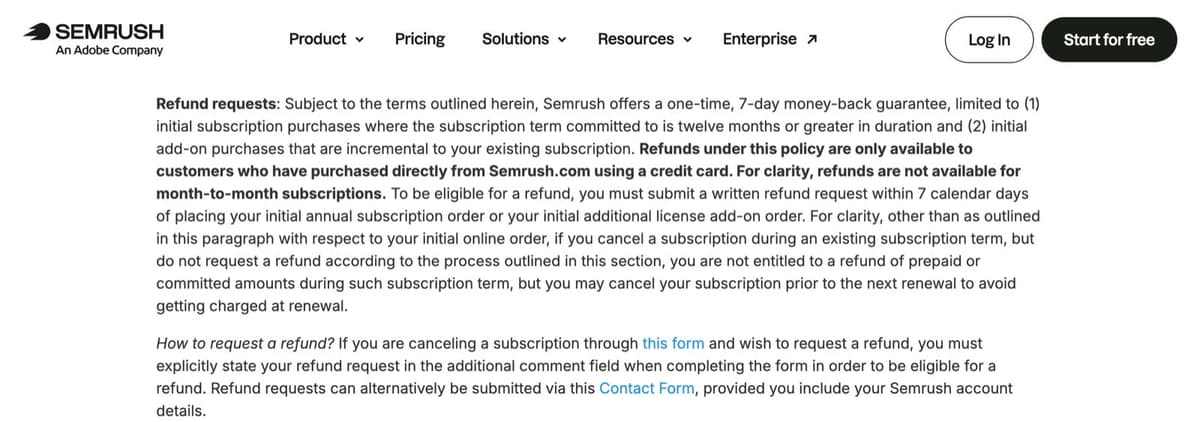 Semrush's refund policy, saying the 7-day money-back guarantee covers only first purchases of a plan of 12 months or more and first add-ons, and that month-to-month plans can't be refunded