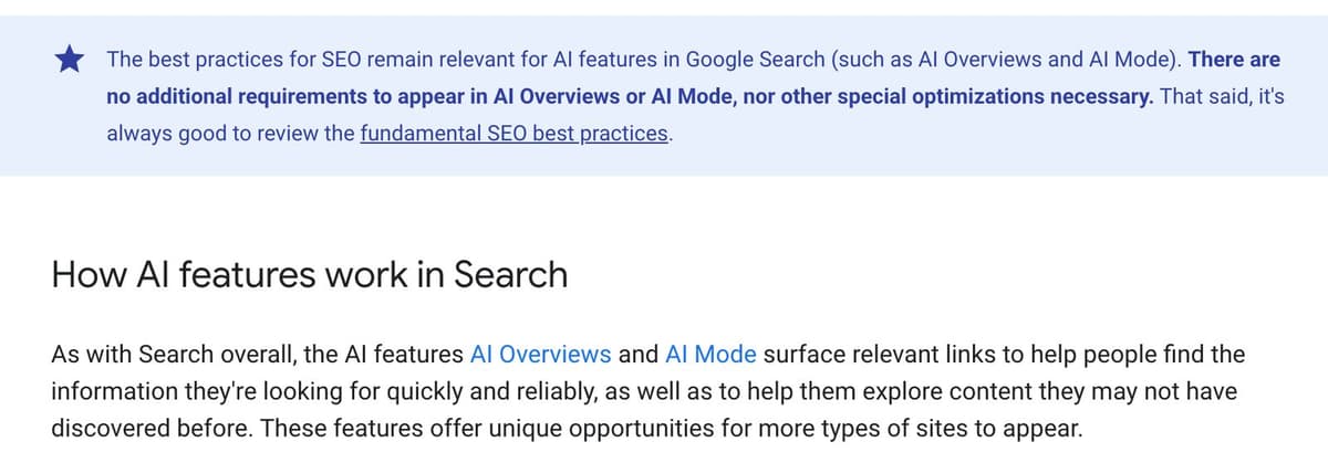 Google's documentation: no additional requirements to appear in AI Overviews or AI Mode