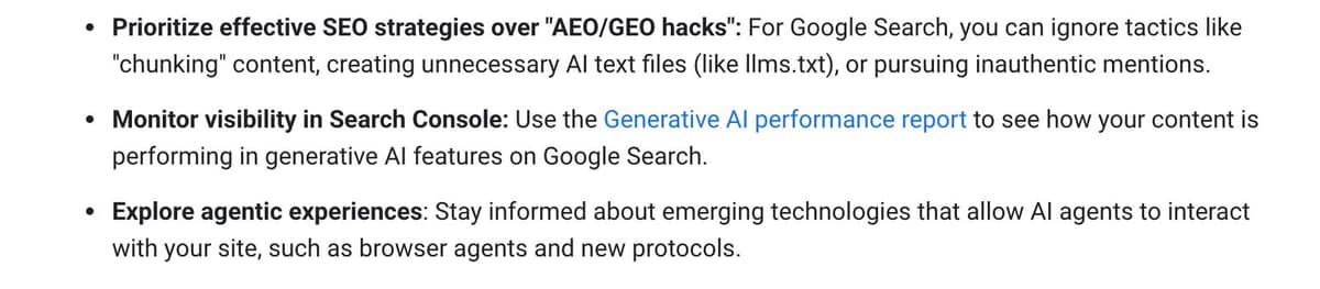 Google's guide telling site owners to prioritise SEO over AEO/GEO hacks, including chunking and llms.txt