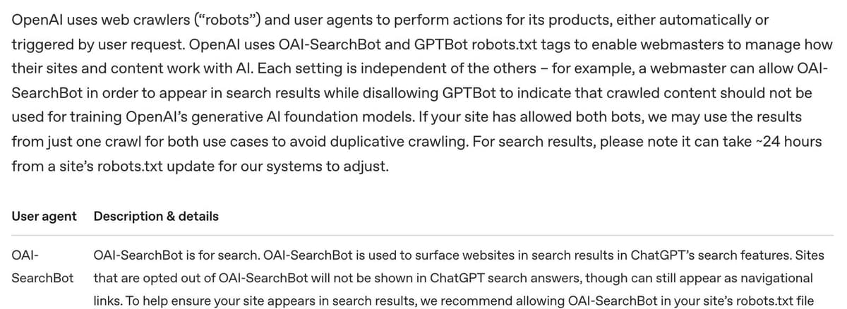 OpenAI's documentation on its crawlers, explaining OAI-SearchBot and GPTBot are separate settings