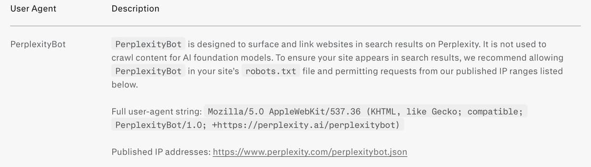Perplexity's documentation describing PerplexityBot as a search crawler, not used for training